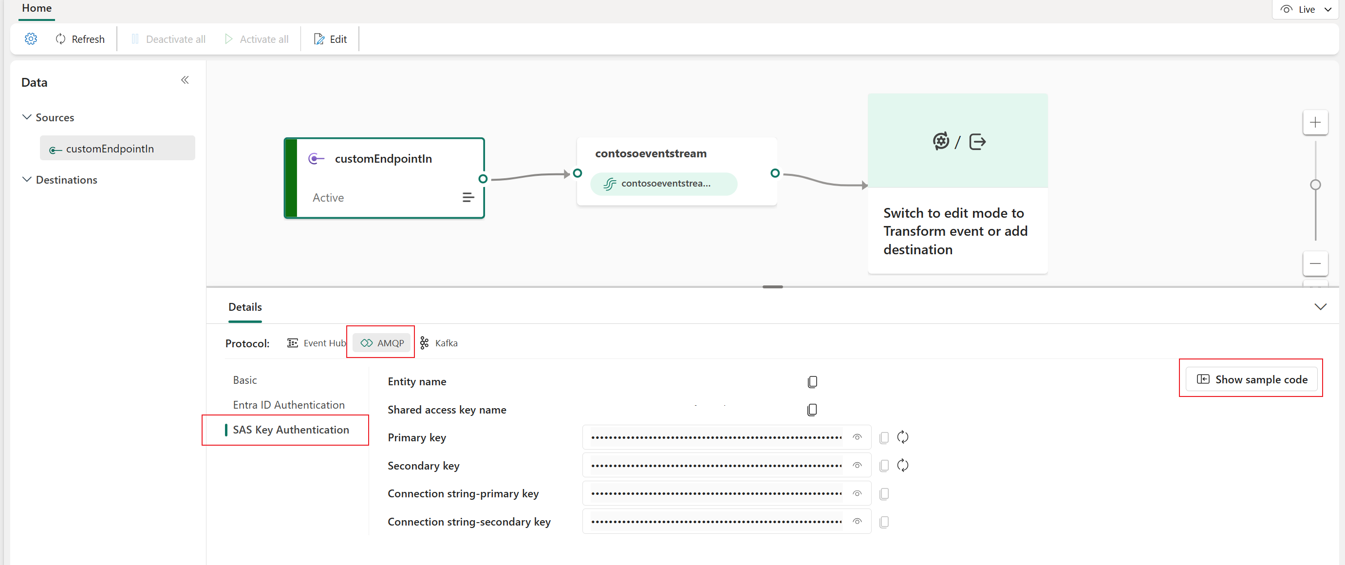 Screenshot that shows AMQP sample code on the Details pane of the eventstream live view.