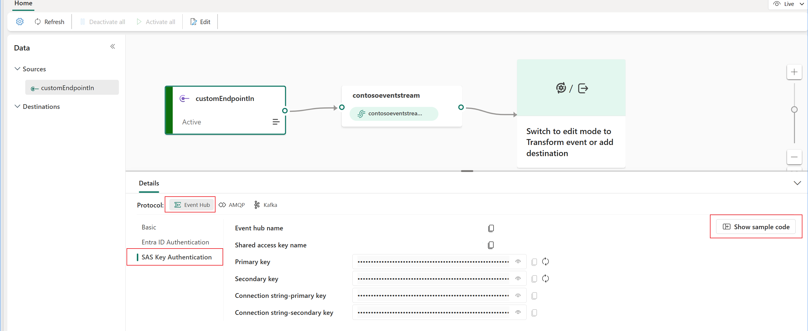 Screenshot that shows sample code on the Details pane of the eventstream live view.