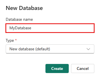 Screenshot of the New KQL Database window showing the database name. The Create button is highlighted.