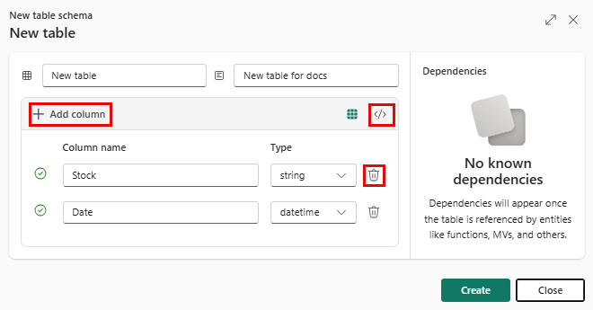 Screenshot of the new empty table wizard in Real-Time Intelligence. The Add column, delete, and command viewer options are highlighted.