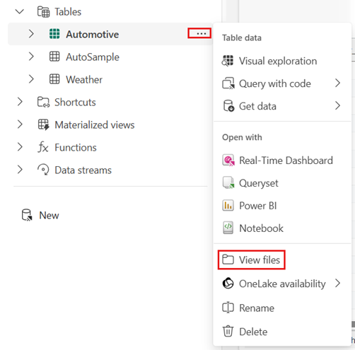 Screenshot of the Explorer pane showing the More menu dropdown of a table.