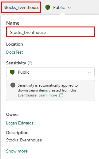 Screenshot of renaming an eventhouse.