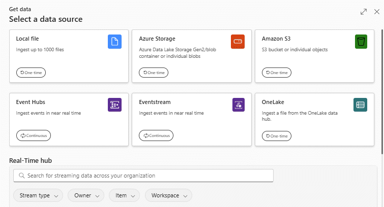 Screenshot of the available data types in the get data experience in Eventhouses in Real-Time Intelligence.