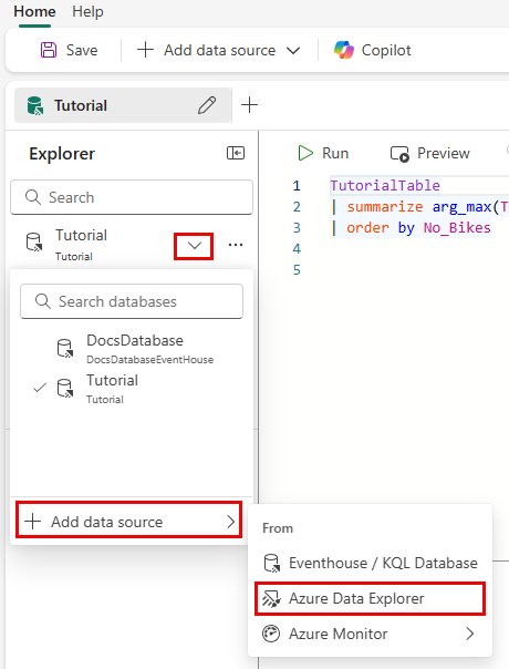 Screenshot of the data source menu showing a list of connected databases.