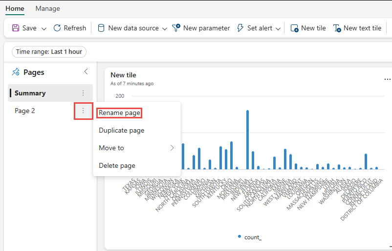 Screenshot of renaming a page in Real-Time Dashboards.
