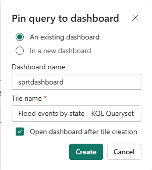 Screenshot of the Pin query to dashboard window.
