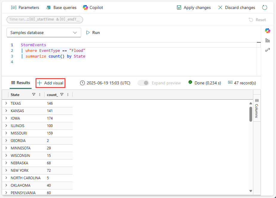 Screenshot of dashboard query in Real-Time Dashboards in Real-Time Intelligence in Microsoft Fabric.