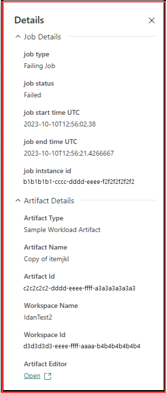 Screenshot showing the job details pane in the monitoring hub.