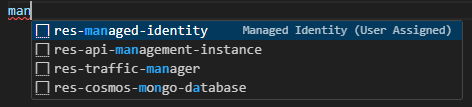 Screenshot of adding a resource snippet. The image shows the snippet selection process in Visual Studio Code.
