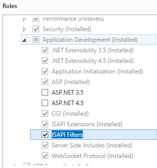 Screenshot of I S A P I Filters selected in a Windows Server 2012 Interface.