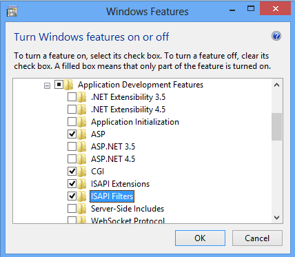 Screenshot of I S A P I Filters selected in a Windows 8 interface.
