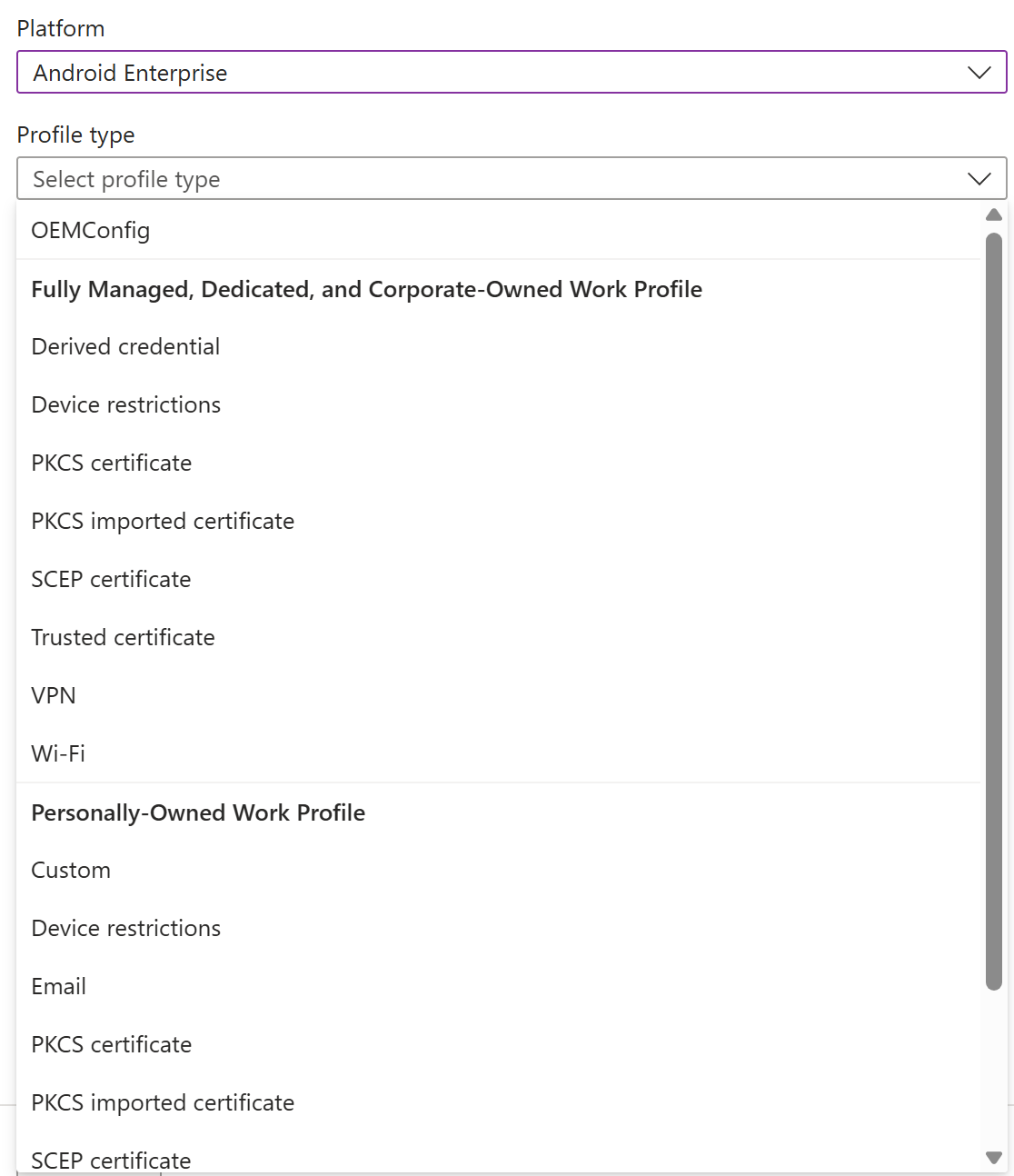 Screenshot that shows how to create an Android Enterprise device configuration policy and profile in Microsoft Intune.