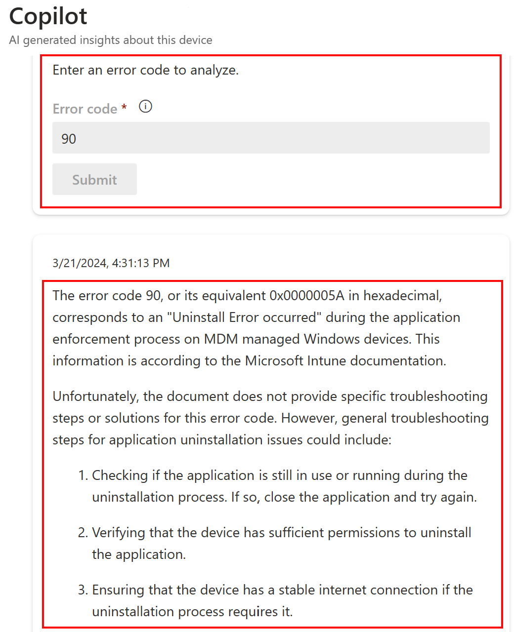 Screenshot that shows the Analyze an error code feature in Copilot after you select a device in Microsoft Intune or Intune admin center.