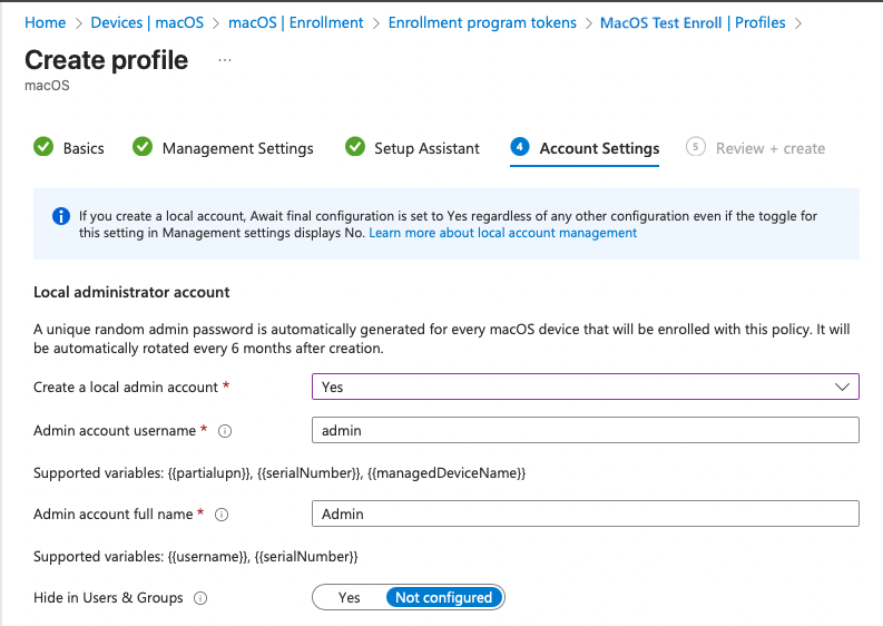 Screen capture that shows the options available for an admin account.