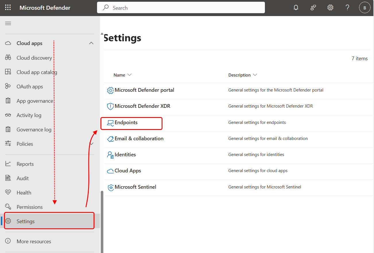 Screen shot of the Defender console showing the path to Settings and then Endpoints.