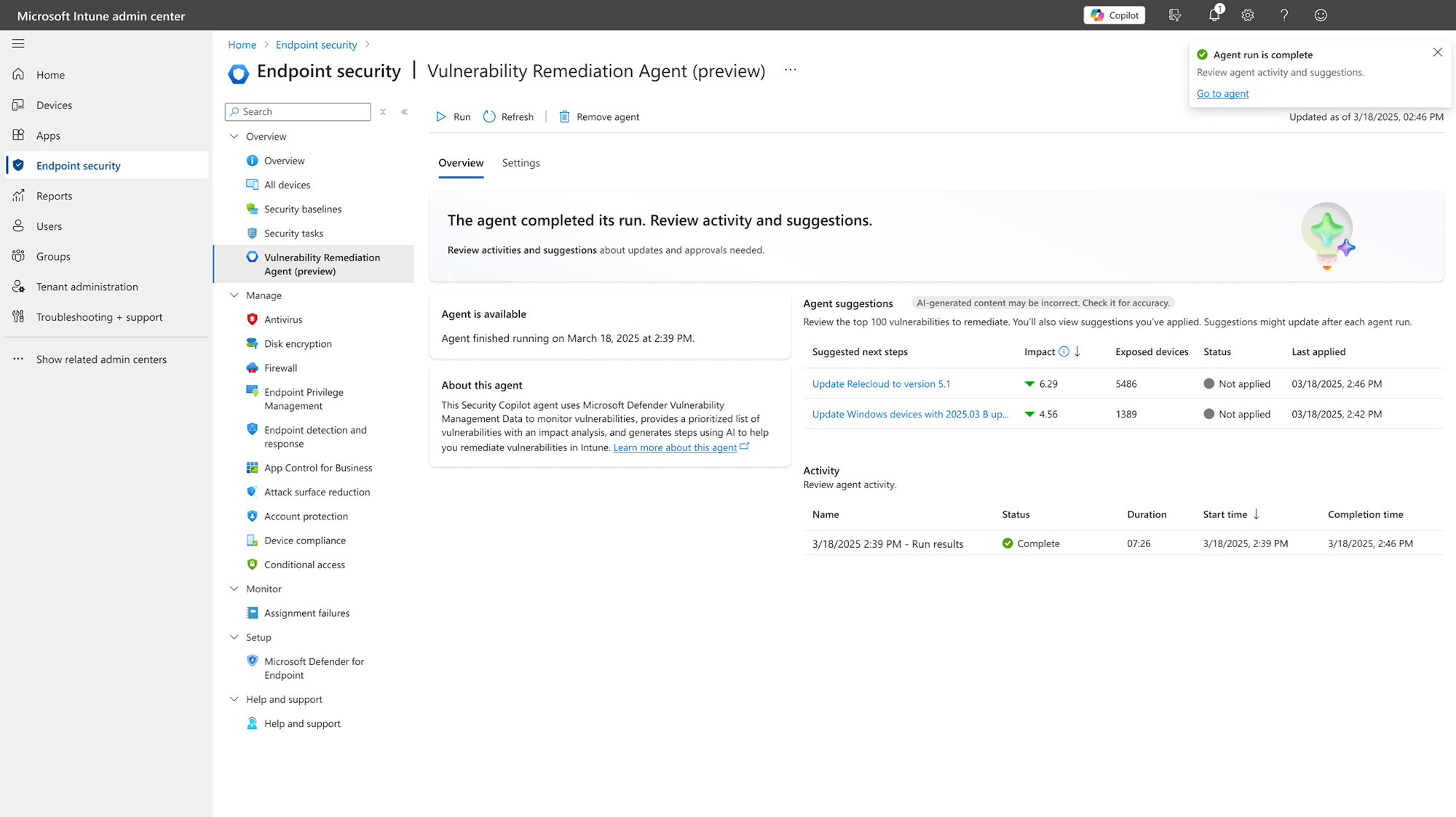 A screenshot that displays the Remediation Agent home page in the admin center.