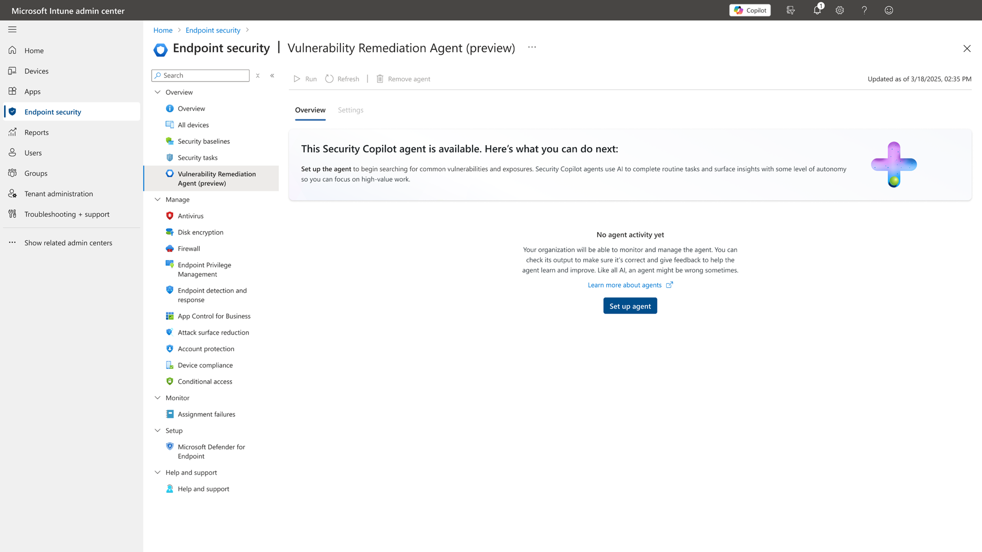 A screenshot that displays the Intune admin center home page with the Vulnerability Remediation Agent tile.