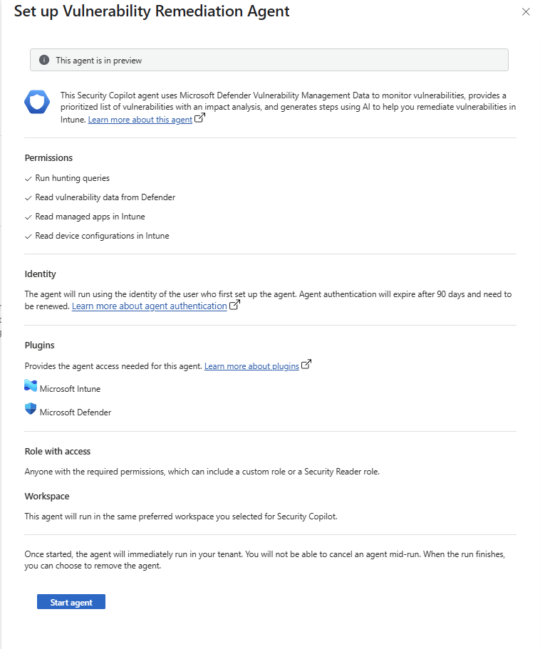 A screenshot that displays the Set up Vulnerability Remediation Agent page and the Start agent button.