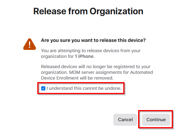 Screenshot that shows the release from organization prompt in Microsoft Intune.