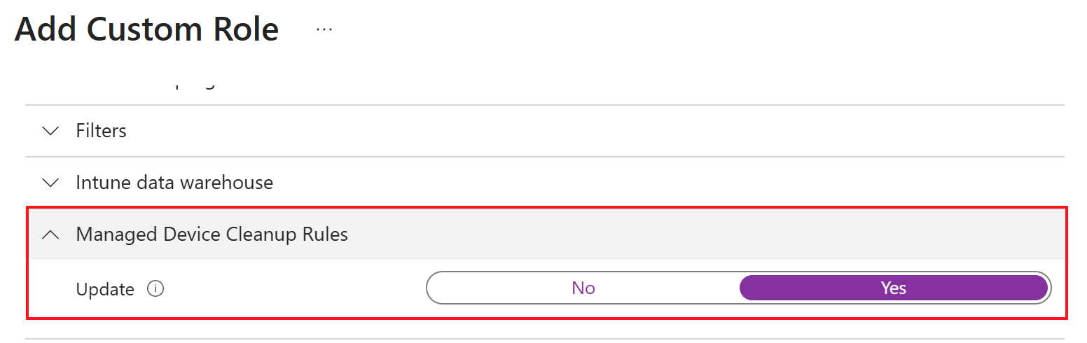 Screenshot that shows the Managed Device Cleanup Settings permission in RBAC set to Yes in Microsoft Intune.