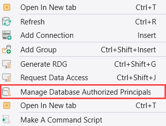 Screenshot of entity dropdown menu. The option titled Manage Database Authorized Principals is highlighted.