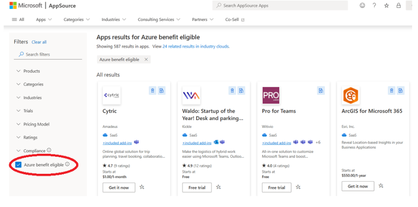 Screenshot that highlights the Azure benefit eligible only checkbox in AppSource.
