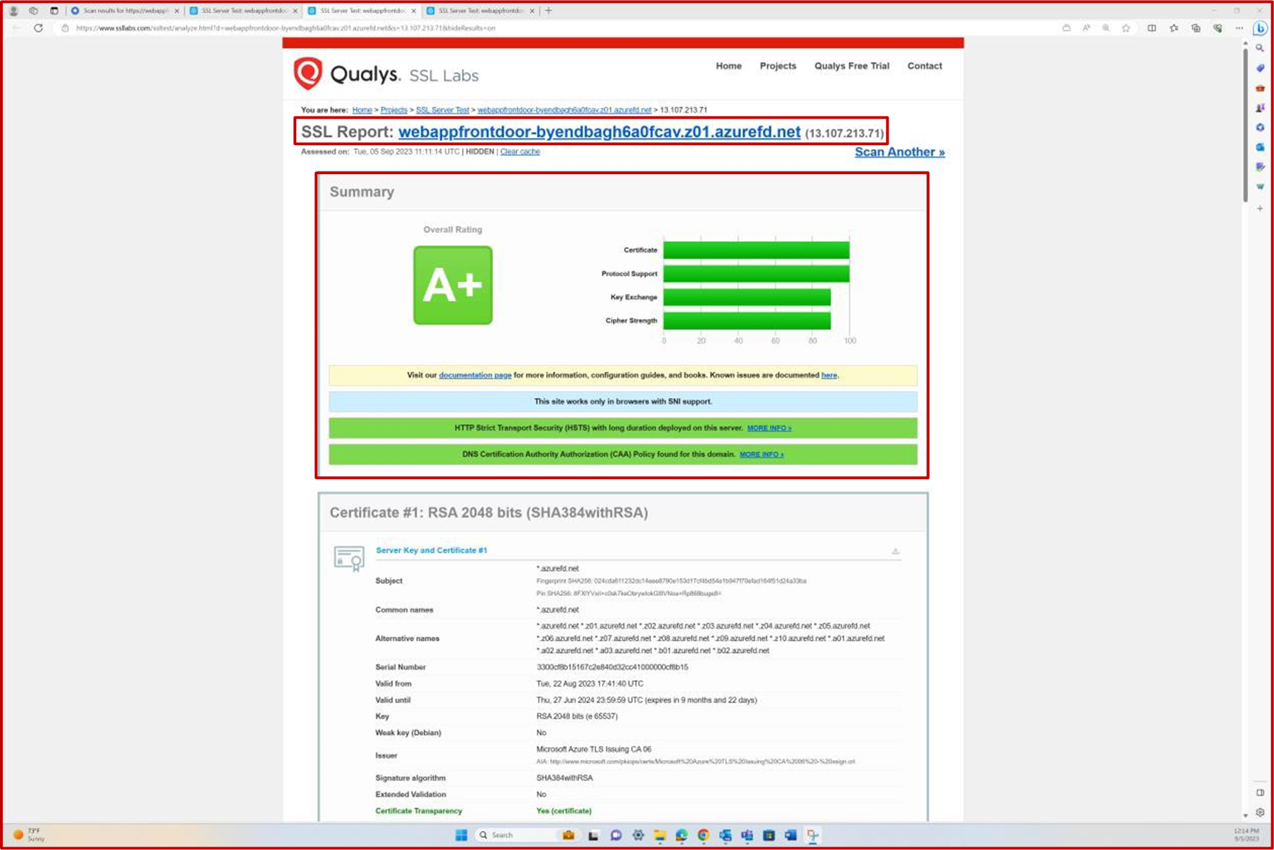 SSL scan by Qualys report with A+ rating certificate #1.