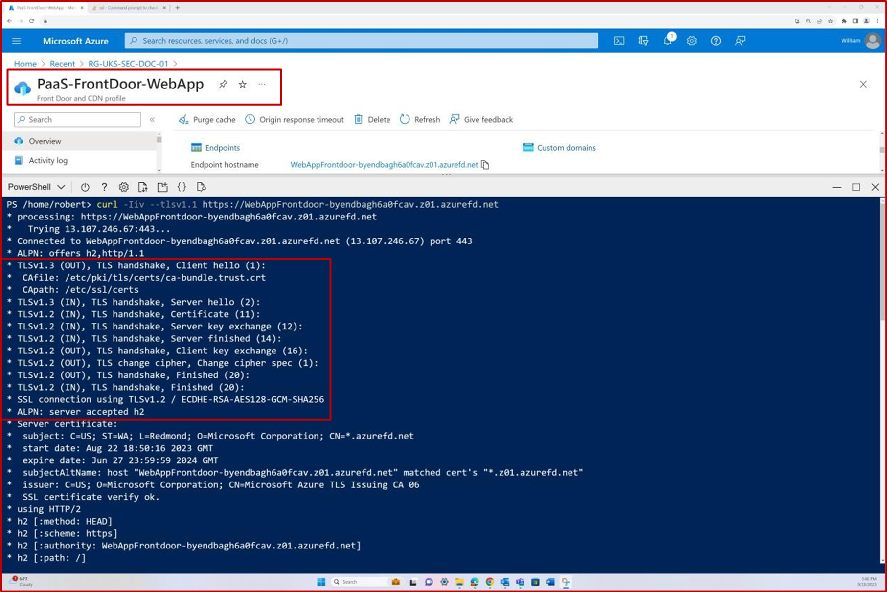 Azure web app powershell lines of code for PaaS-FrontDoor-WebApp.