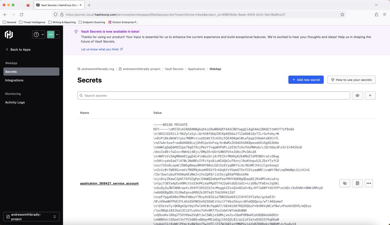 Hashicorp Vaults dashboard Secrets report overview.