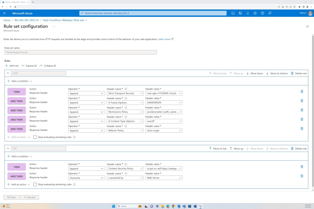 Azure front door configuration settings rule set configuration tables