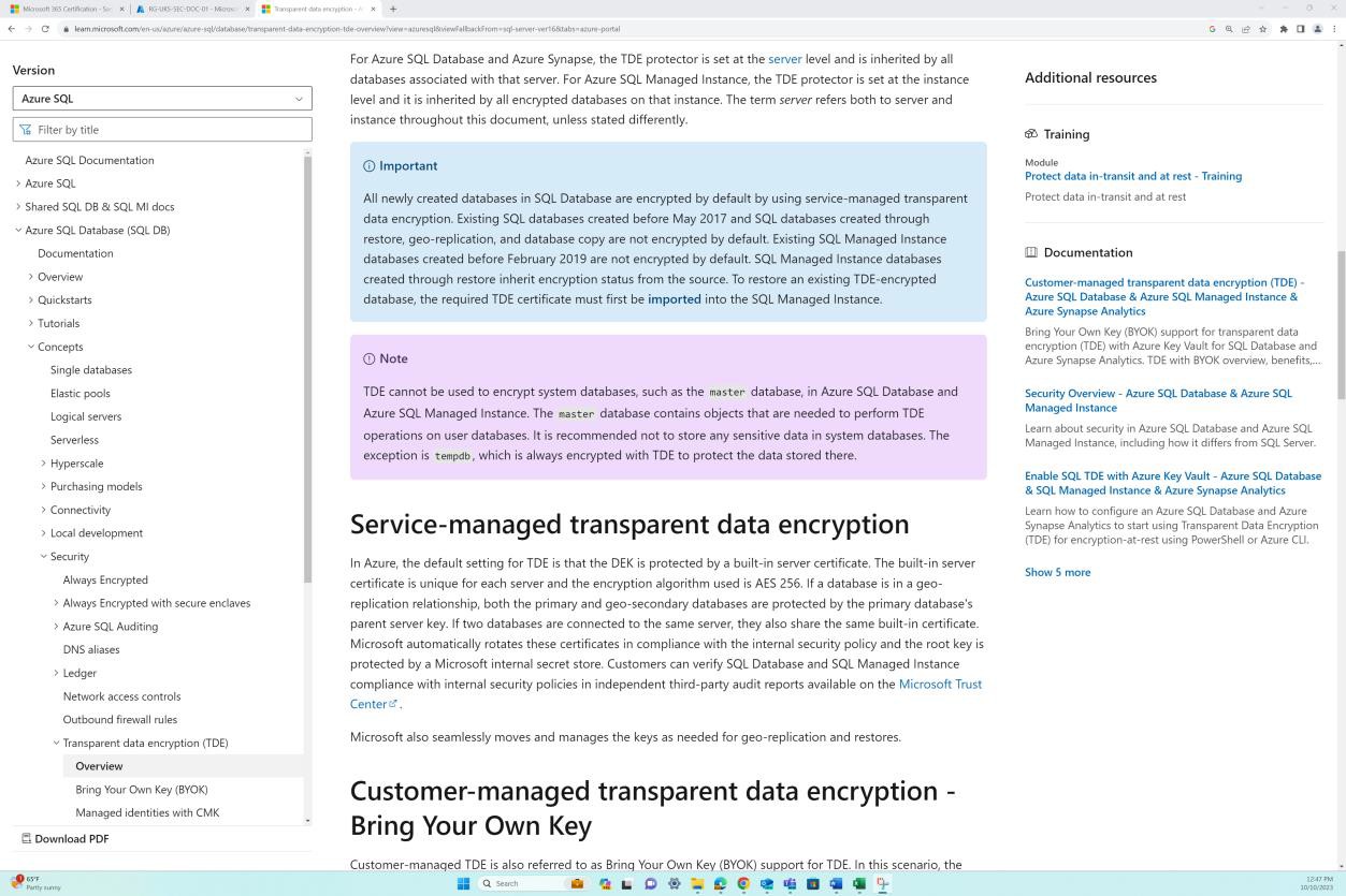 Microsoft learn service managed transparent data encryption document.