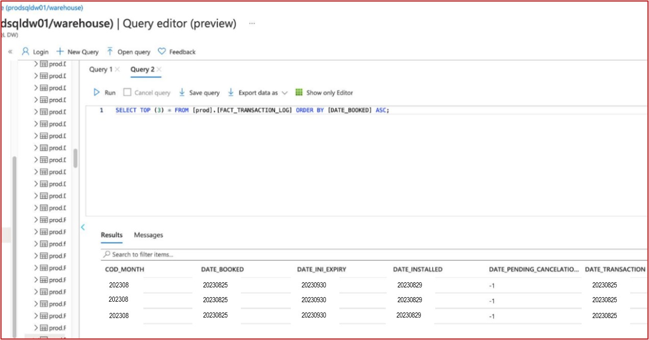 SQL Query editor run results.