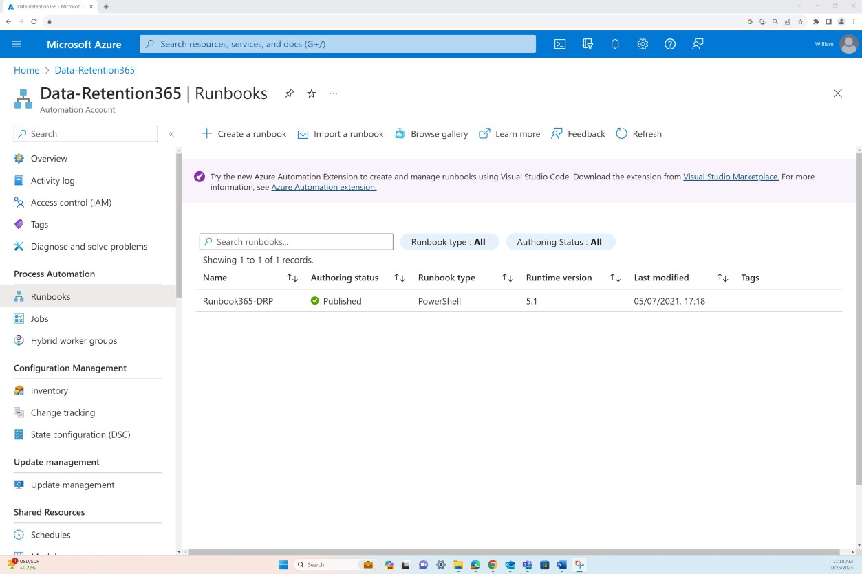 Azure runbooks overview page.