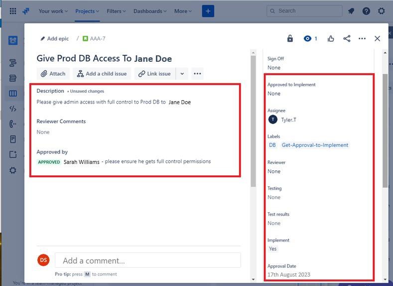 Jira approval board description, approved by, data, highlighted.