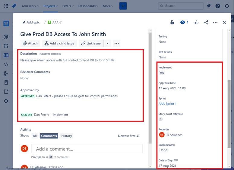 Jira approval board description, approved by, date, and sign off as implemented highlighted.
