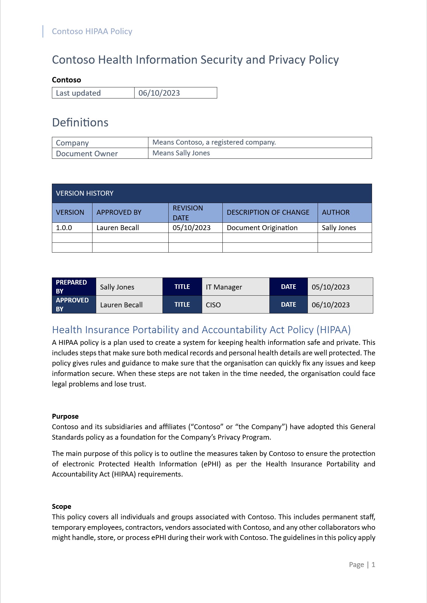 HIPAA policy document with definitions, version history and purpose.