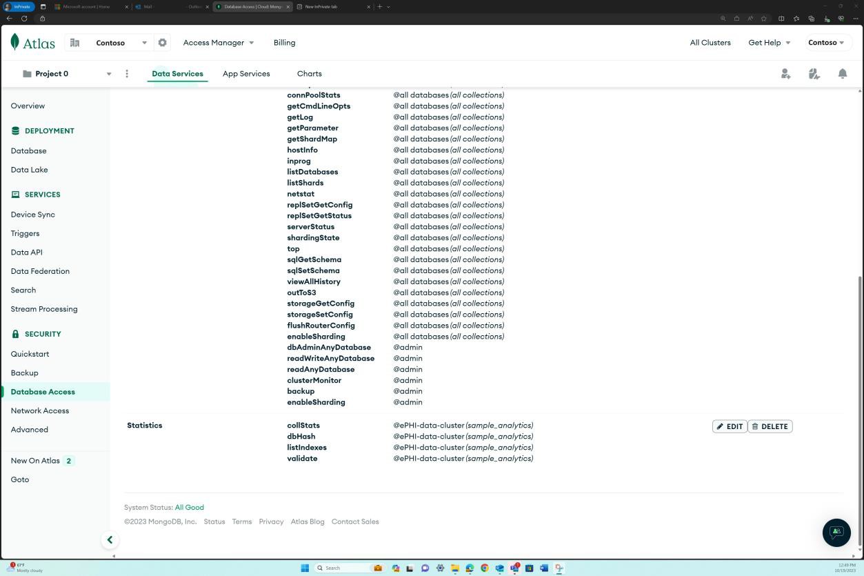 MongoDB Cloud data services page listing custom roles and scopes.