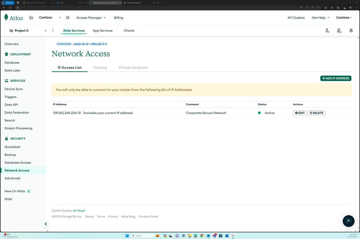 MongoDB Cloud network access page.