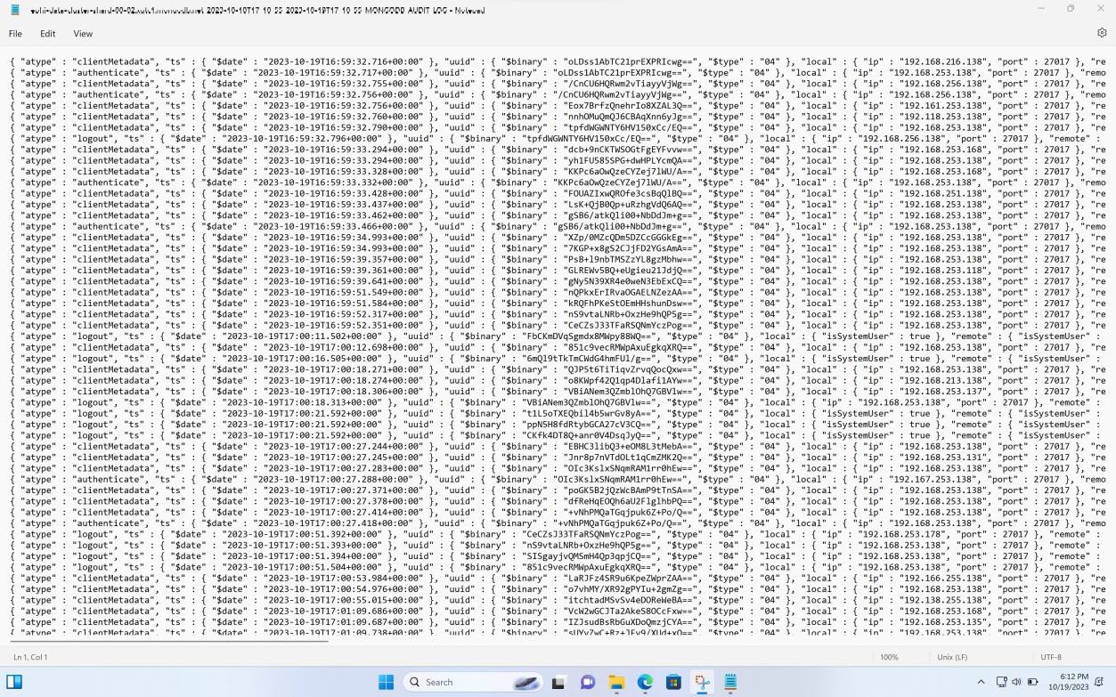 MongoDB Cloud logs download raw MS Notepad page.