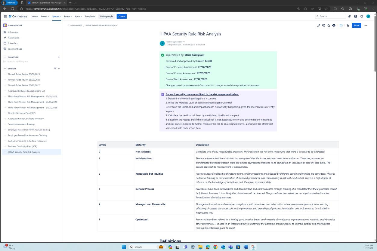 Confluence HIPAA policy page with Security Risk Analysis.