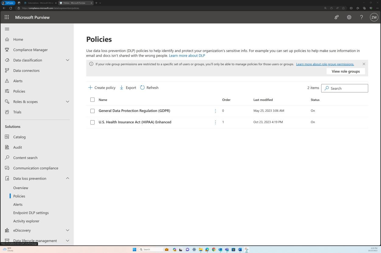 Microsoft Purview policies page with GDPR and HIPAA line items.