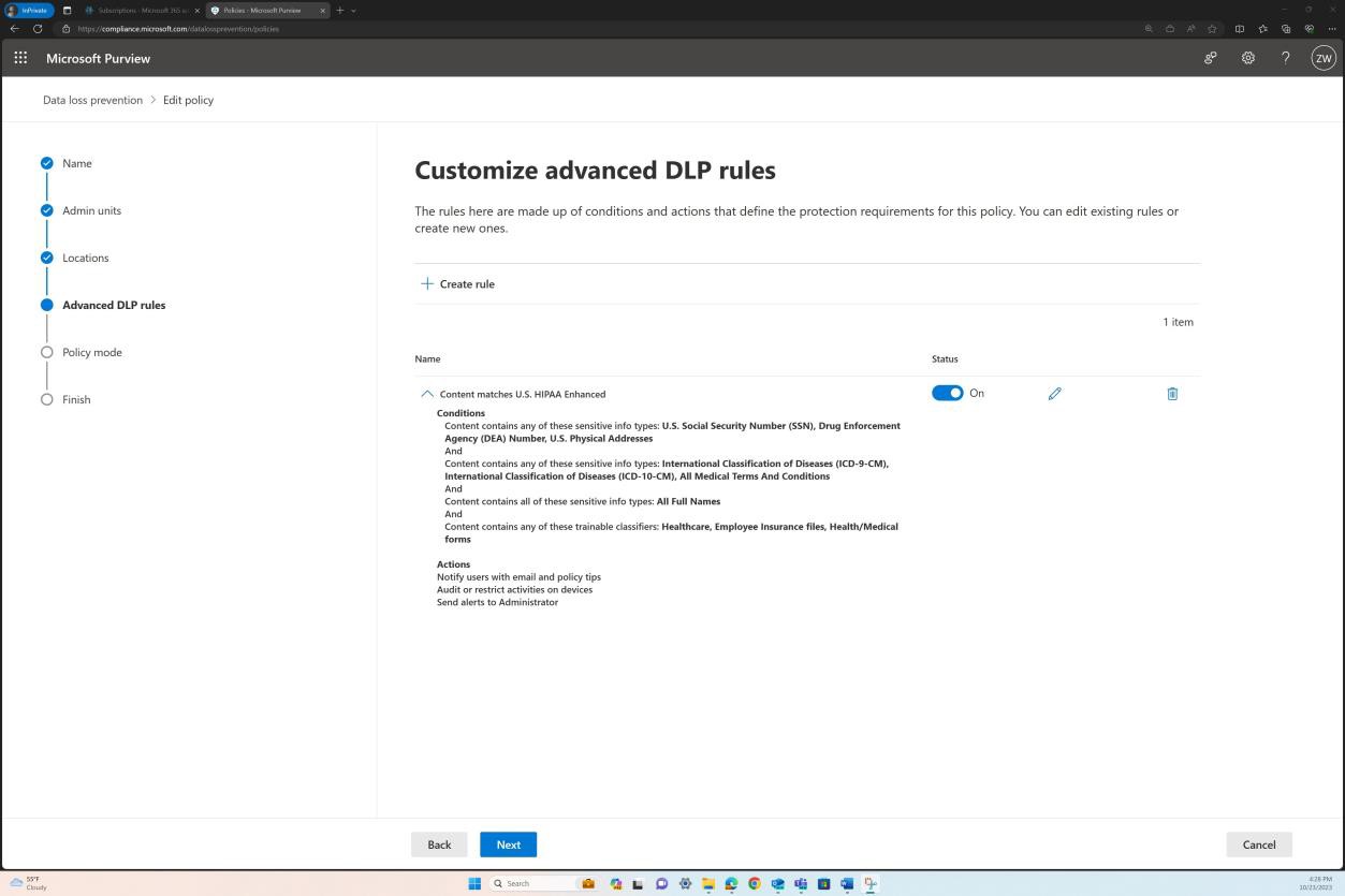 Microsoft Purview customize advanced DLP rules page with box checked for content matches US HIPAA enhanced.