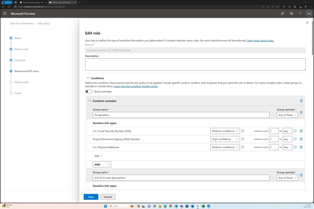Microsoft Purview edit rule, conditions contains with group name and selected sensitive info types.