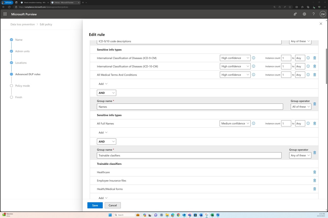 Microsoft Purview edit rule, sensitive data types.