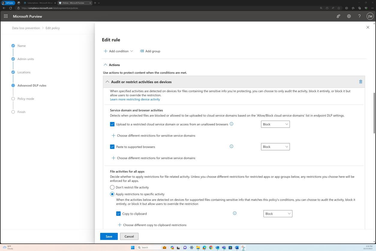 Microsoft Purview edit rule settings, applying actions to a specific activity.