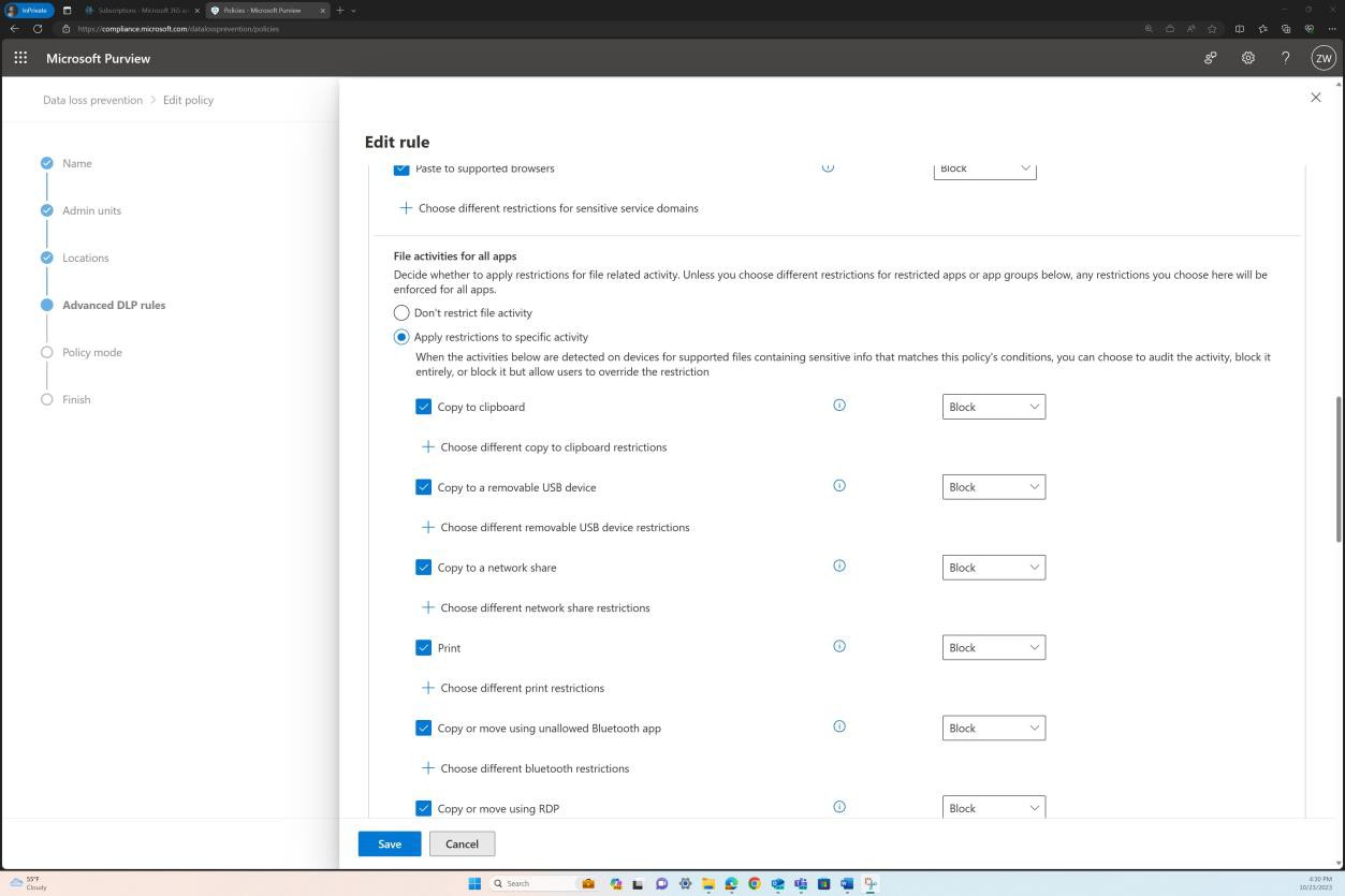 Microsoft Purview DLP policy settings.