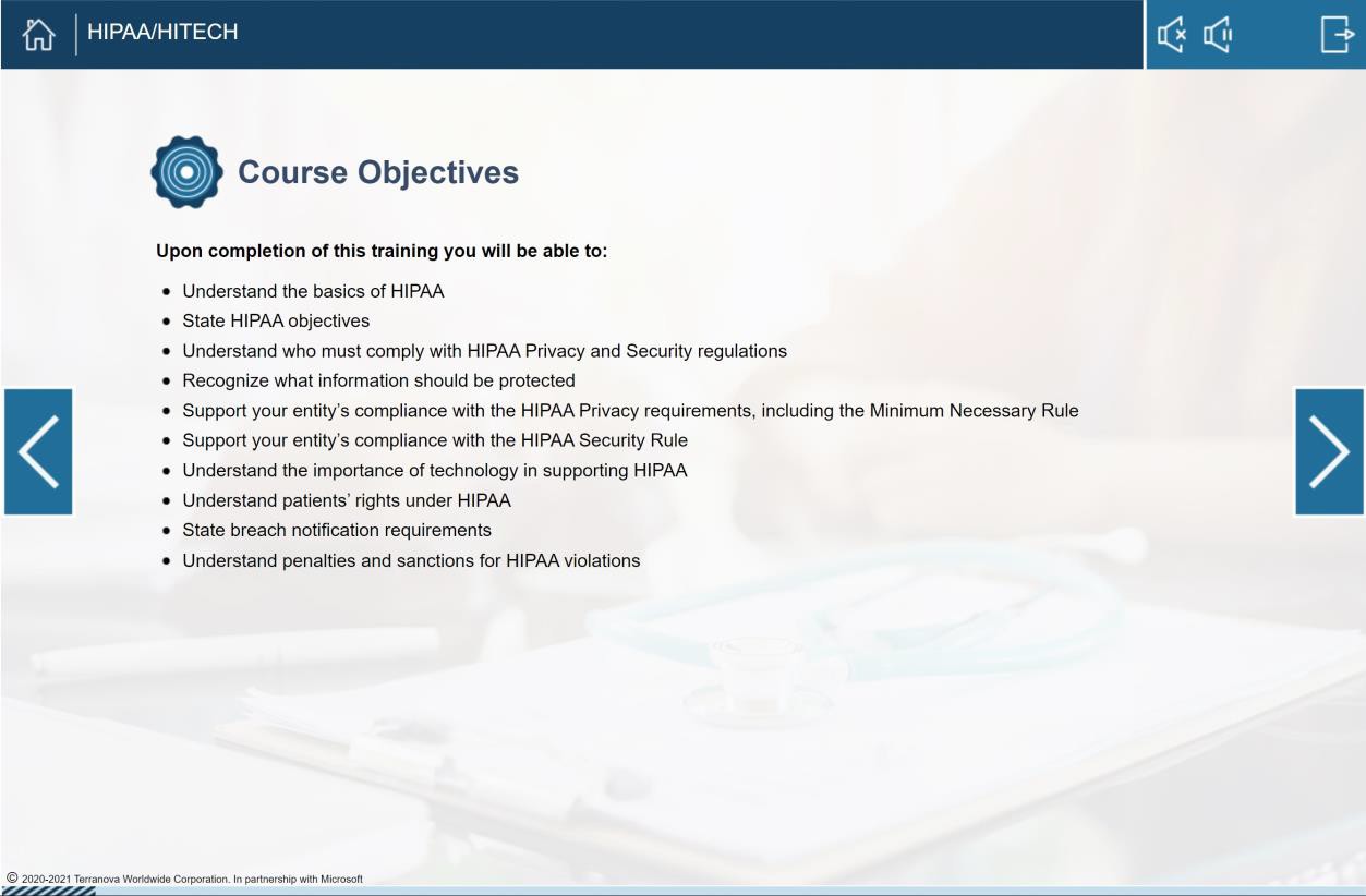 HIPAA training course objectives overview.