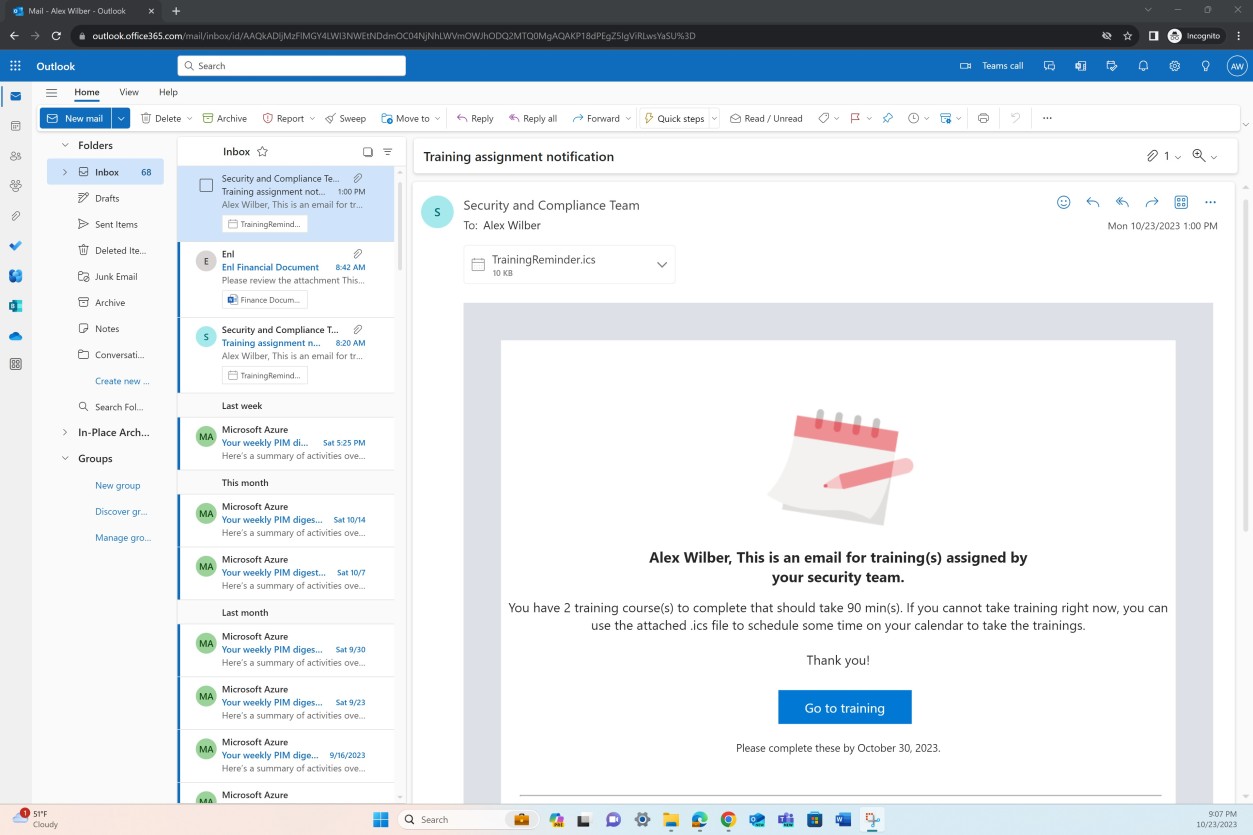 Microsoft Outlook email notification letting the user know training has been assigned by the security team.
