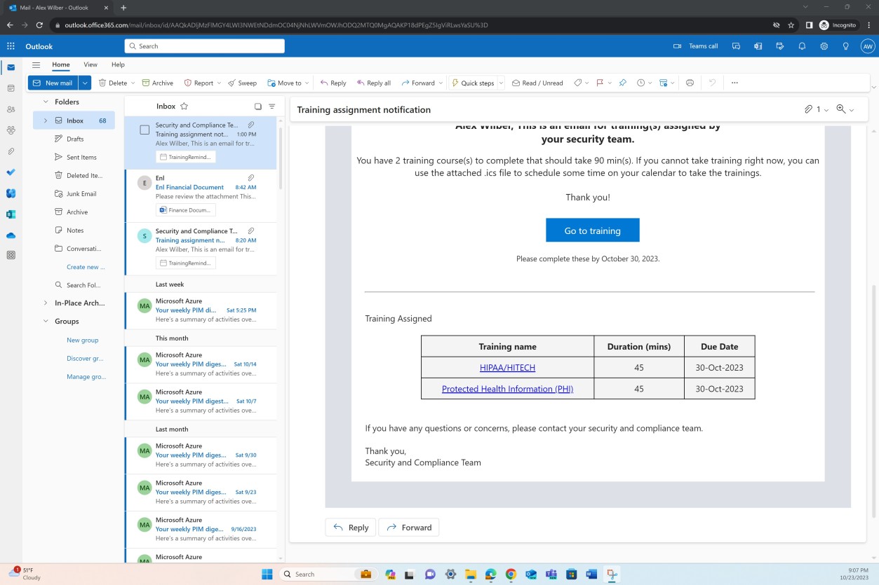 Microsoft Outlook email notification sharing link to training, names of trainings required, duration and due date.
