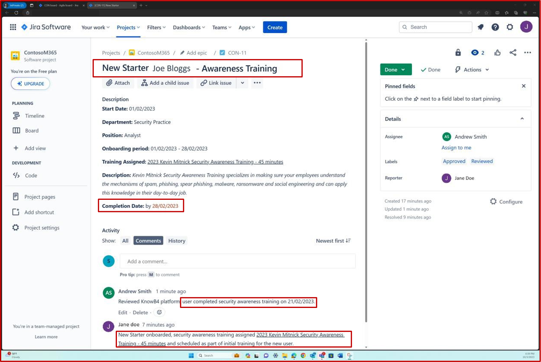 Jira ticket for new employee request for awareness training with completion date highlighted